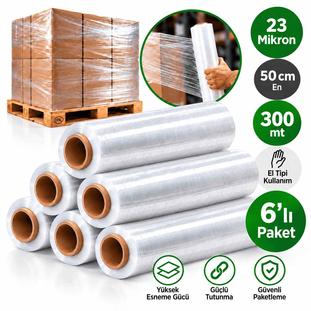 6 'Lı 23 Mikron El Tipi Streç Film 50 cm 300 mt