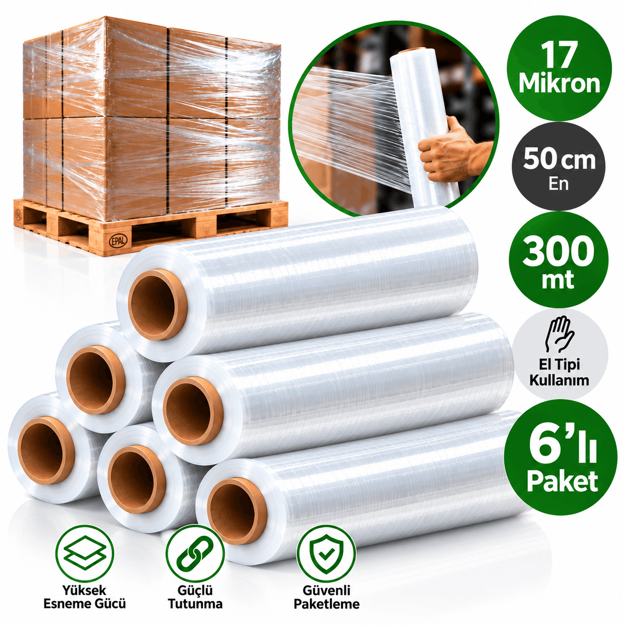 6'Lı 17 Mikron El Tipi Streç Film 50 cm 300 mt