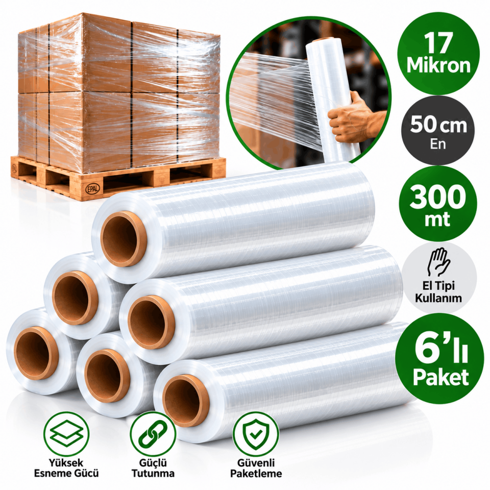 6'Lı 17 Mikron El Tipi Streç Film 50 cm 300 mt