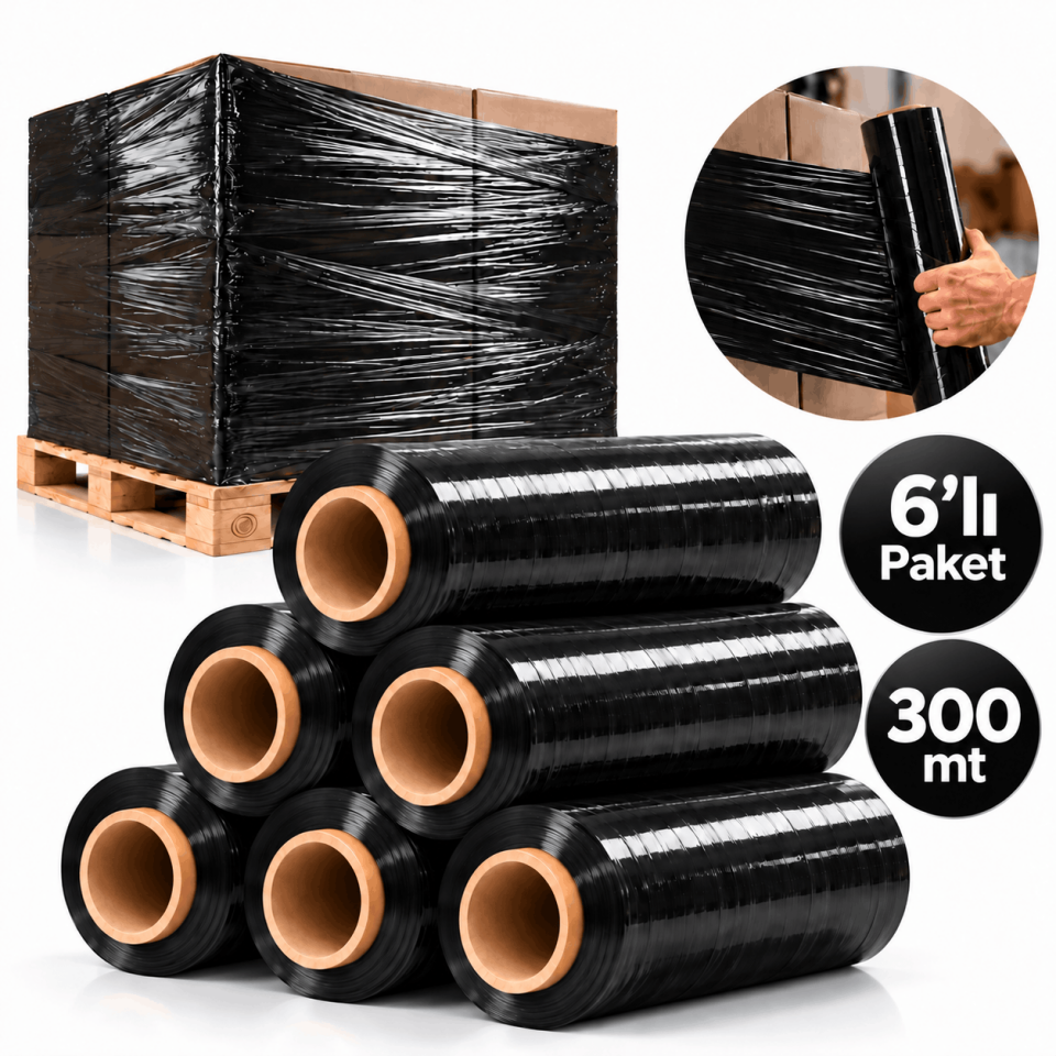 6'Lı 23 Mikron Siyah Streç Film 50 cm 300 mt